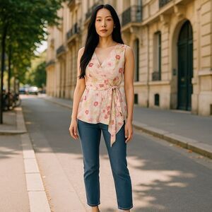 Vintage Faux Wrap Floral Print V-Neck 100%Silk Peplum Hem Top Size Small